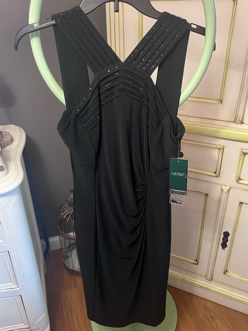 LAUREN Ralph Lauren Black Sleeveless Cocktail Dress w/ Embellished Straps NWT
